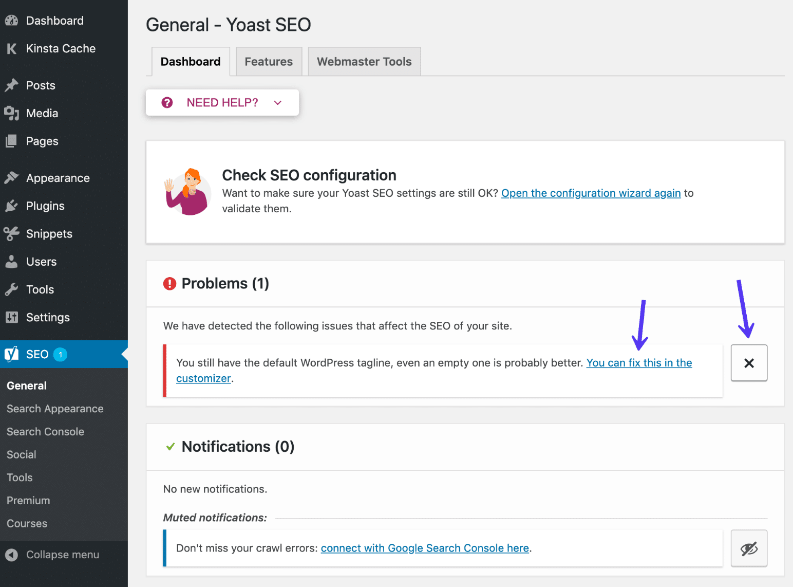 Dashboard messages are Yoast